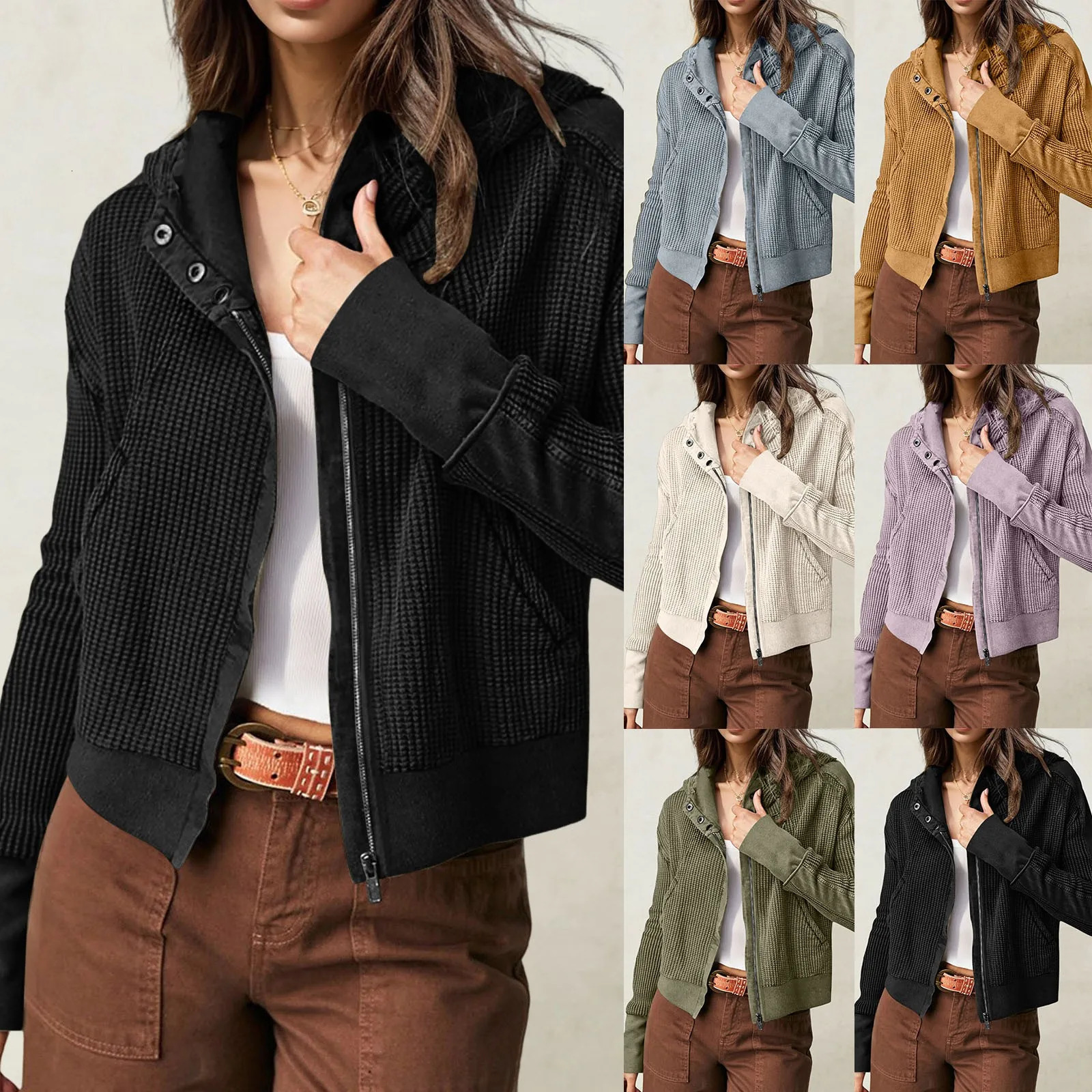 Womens Waffle Knit Hoodies Slim Fit Zippered Up Cropped Jackets Motro Biker Fashion Button Down Shacket Hooded Outerwear 250304