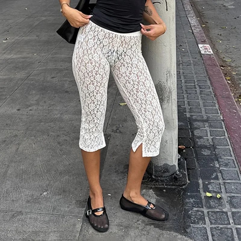 Women Sexy See Through Mesh Lace Pants Elestic Waist Fashoin Casual Streetwear Trousers Party Clubwear Bottoms 250304