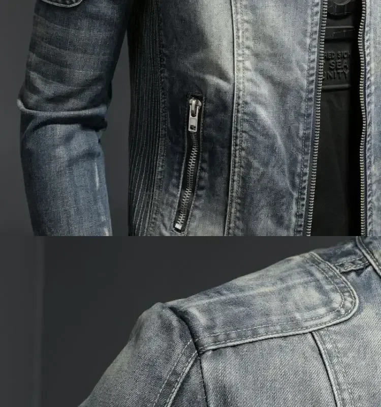 Mens Fashion Denim Jacket Trendy Retro Casual StandUp Collar Zipper Spring Autumn Long Sleeved Motorcycle Coat 250225