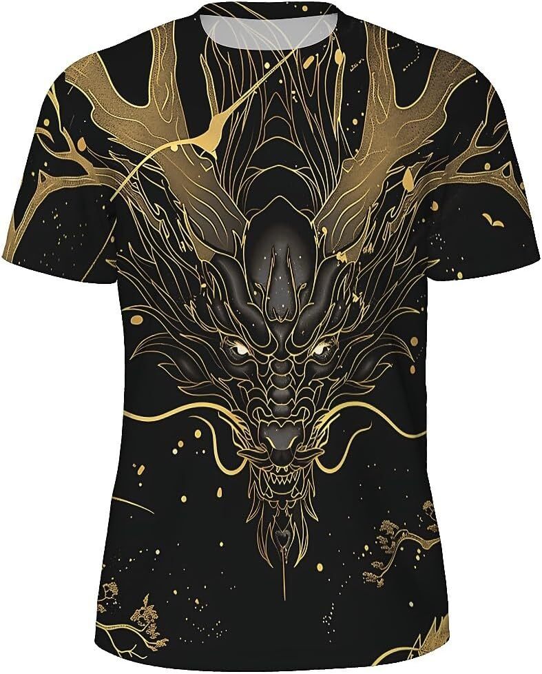 Mens T shirt Men's Novelty T-Shirts Graphic 3D Print Short Sleeve Summer T-Shirt Golden Lines Dragon tee Casual tops summer clothes Dragon patter