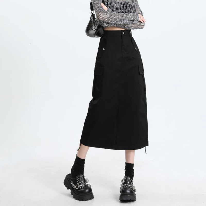 American Retro Cargo Skirt for Women Summer Drawstring High Waist Mid-length Skirt Woman Y2k Streetwear Pocket Skirts 250228