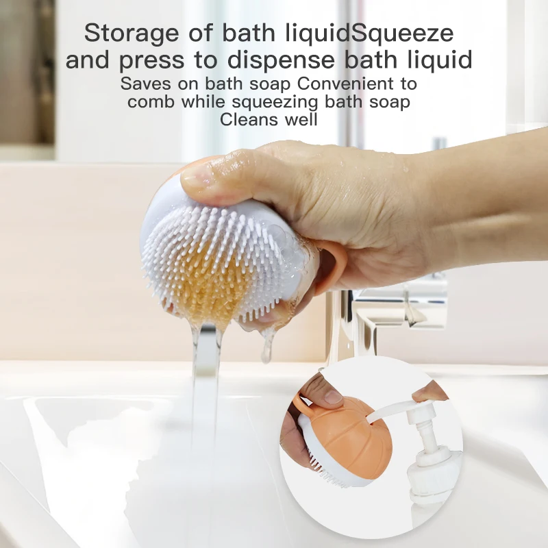 Dog Scrubber for Bath Pumpkin-Shaped Pet Bath Brush with Soap & Shampoo Dispenser Cat Massage Soft Bristles Grooming Scrubber