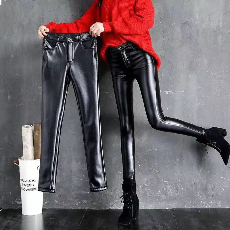 Cashmere PU Leather Pants AutumnWinter 2024 Thickened and Fleece HighWaisted Slim Fit Tight Warm Leggings Black 250304