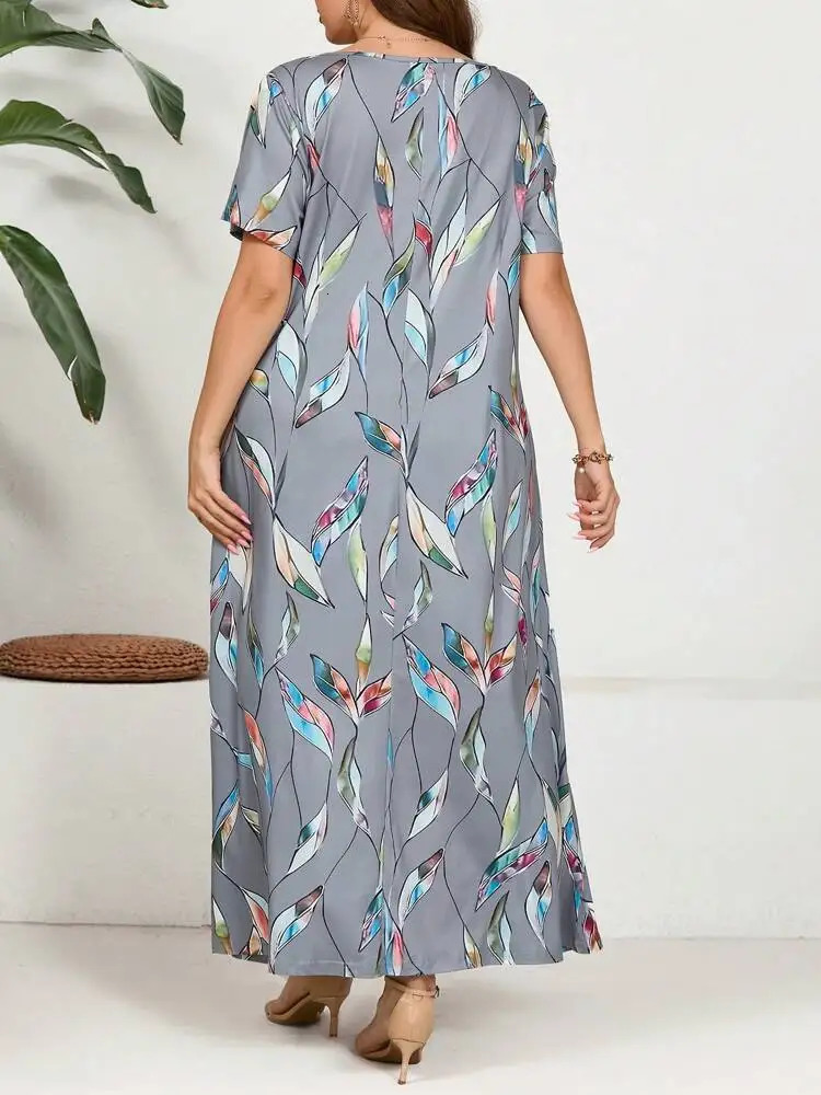 2024 SpringSummer Womens Fashion Short Sleeve plus size Printed Feather Large Size Dress 250225