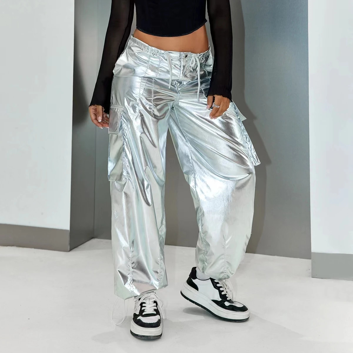 Y2K Street Flap Pocket Drawstring Waist Silver Metallic Loose Wide Leg Cargo Parachute Pants Festival Outfits 250304