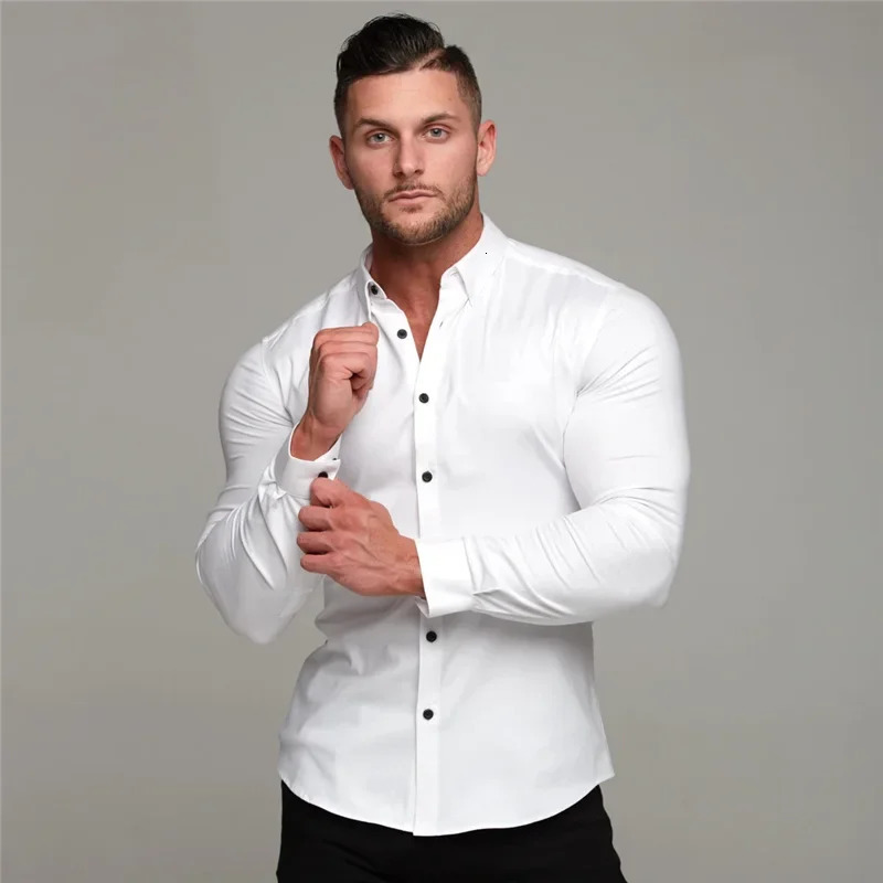Mens Long Sleeve Super Slim Fit Plain Casual Shirt Spring Autumn Winter High Quality Turn Down Collar Business Dress 250227