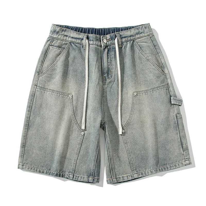 Summer High Street Straight Denim Shorts for Men Retro Loose Casual Short Jeans Mens Street Wear Elastic Waist Cargo ShortsT250305