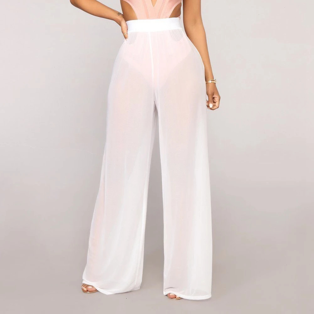 Women See Through Boho Wide Leg High Waist Trousers Beach Long Loose Mesh Sheer Pants 250304