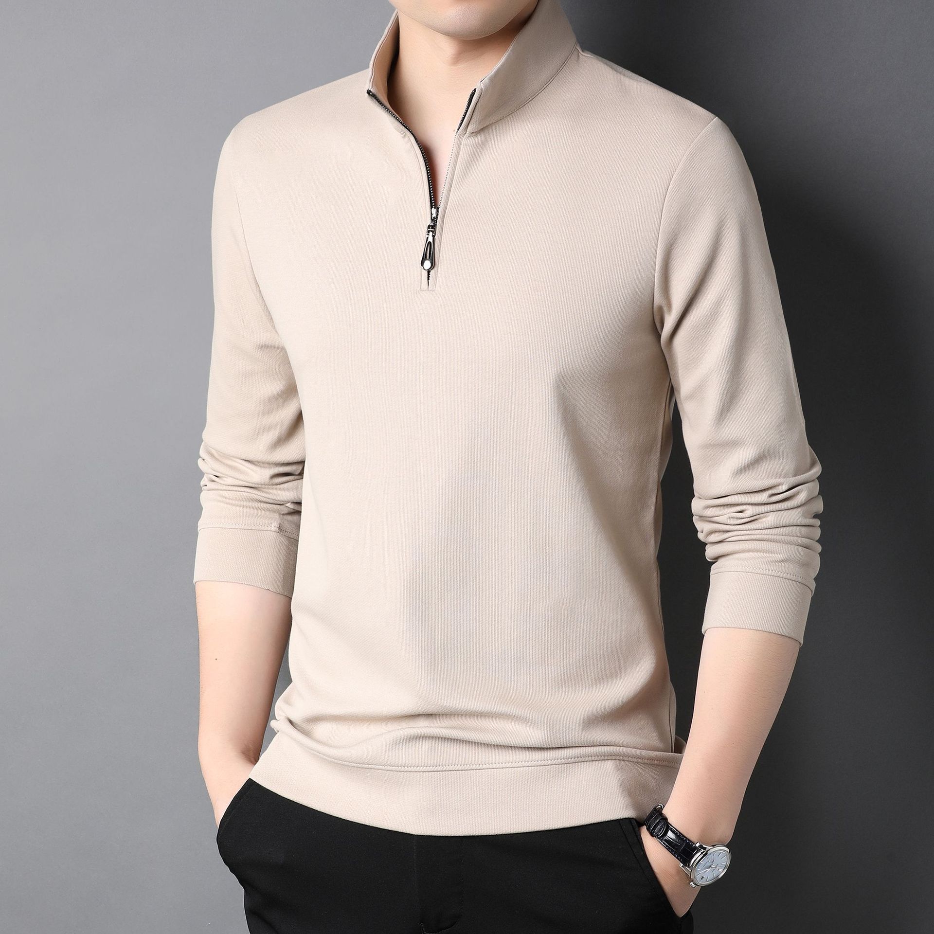 MM03043 2025 new cotton men's long-sleeved sweatshirt middle-aged zipper solid color top