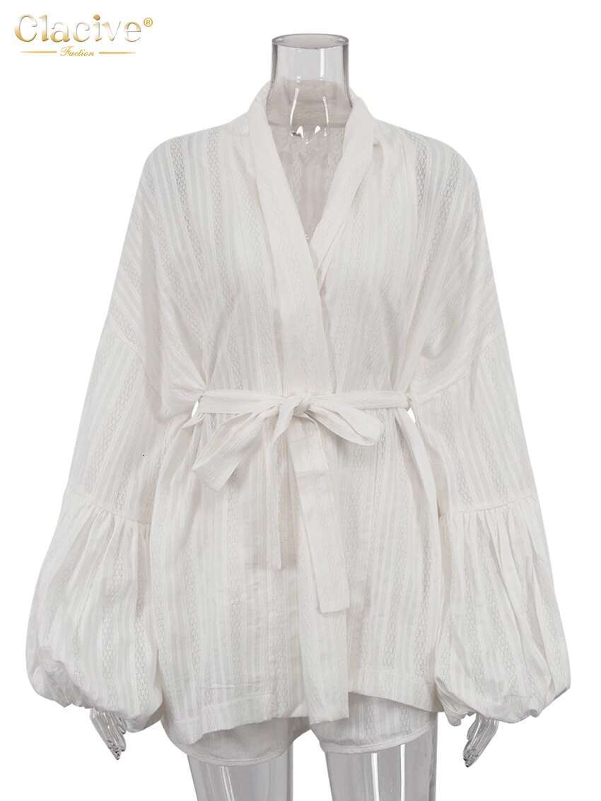 Clacive Fashion Loose White Cotton Sets For Women 2 Pieces 2025 Elegant Puff Sleeve Robes With High Waist Shorts Set Female