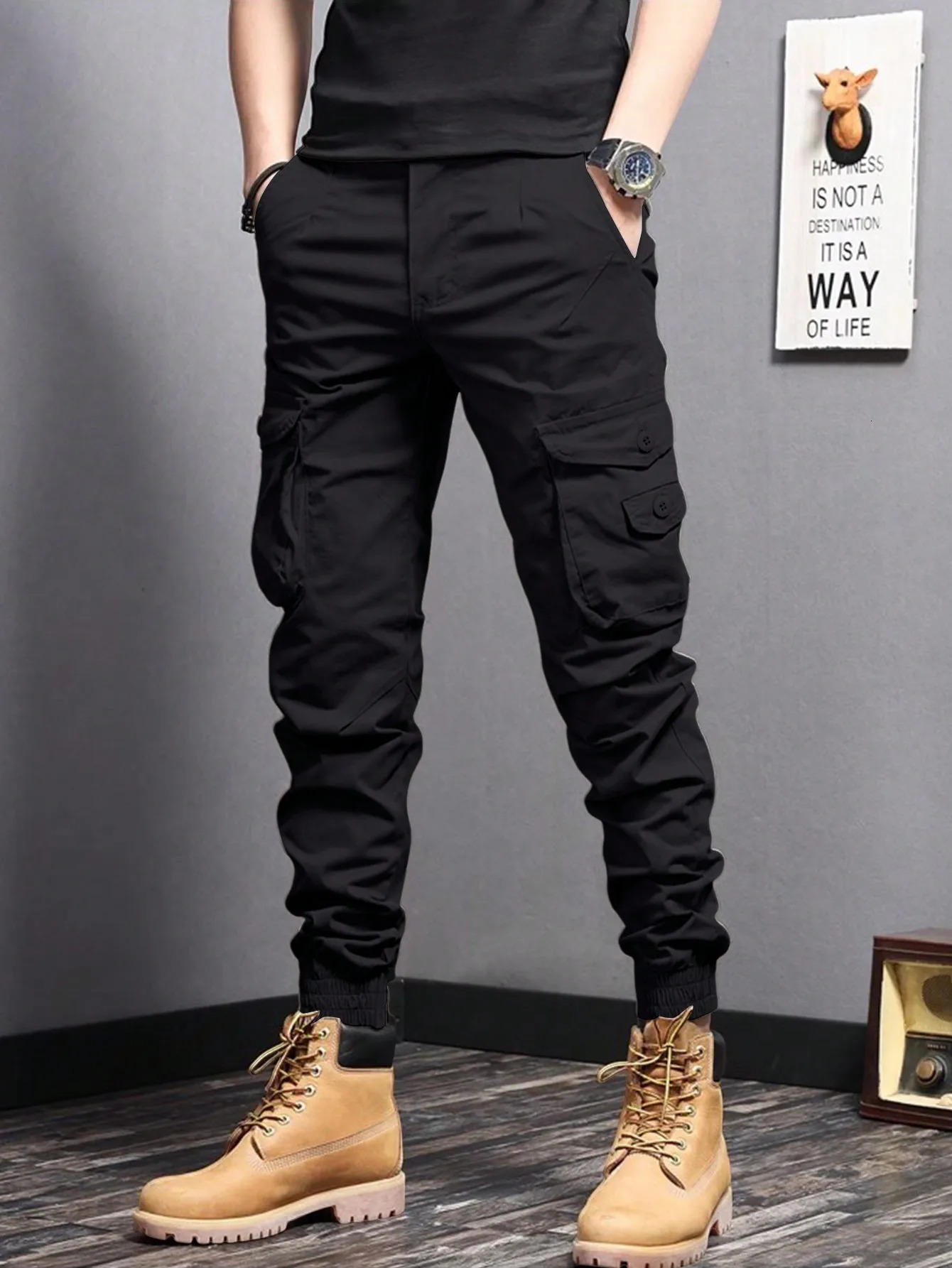 Casual Side Flap Pockets Workwear Tapered Pants Mens Cargo Pants For Spring Fall Outdoor 250304