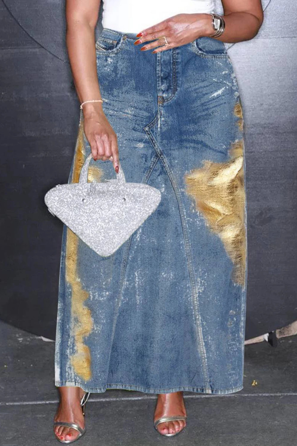 Womens Plus Size Denim Skirt Daily Blue Metallic Coating High Waist Pockets Split Hem Casual Vintage Streetwear Long Denim Skir 250304