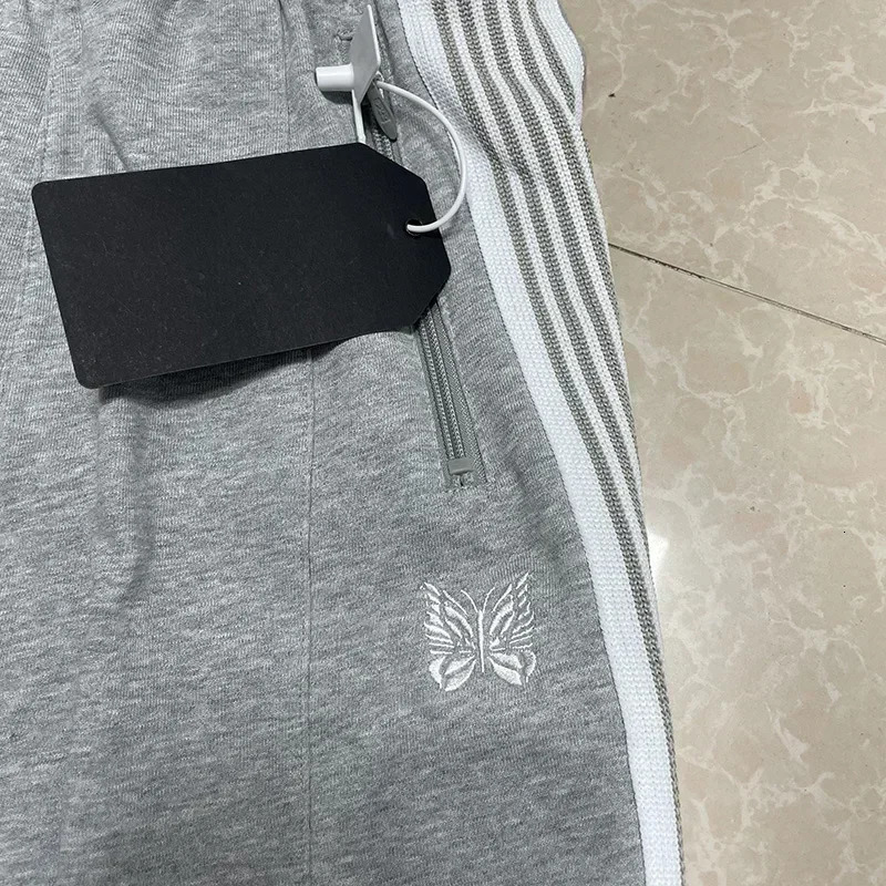 25SS Butterfly Embroidery AWGE Wide Leg Pants Men Women Grey Pure Cotton Oversized Striped Sweatpants 250304
