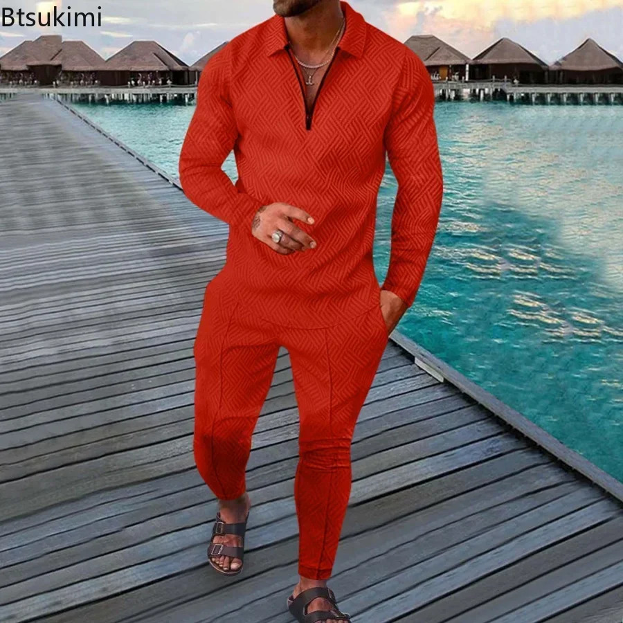 2025Spring Autumn Long Sleeve Polo ShirtSweatpants Suit Men V-neck Sweatshirt Men Streetwear Vintage Clothing Sets Tracksuits 250304