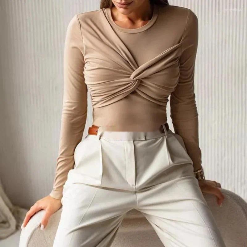 Women's Polos Tops Tees Jumpsuit Round Neck Long Sleeved Tight Fitting Eur America Sexy Pleated High Street Mid Waist Top
