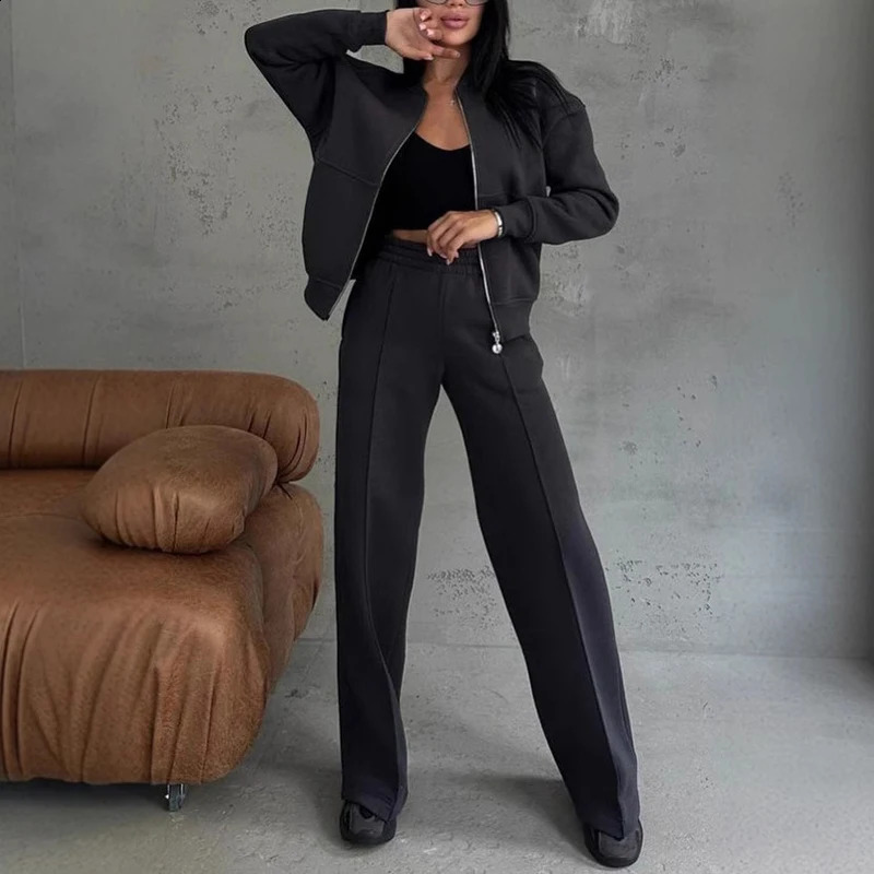 Spring Woman Loose Tracksuit Zipper Sweatshirt CoatHigh Waist Straight Pants Sports Outfits Female Autumn Casual Twopiece Set 250305