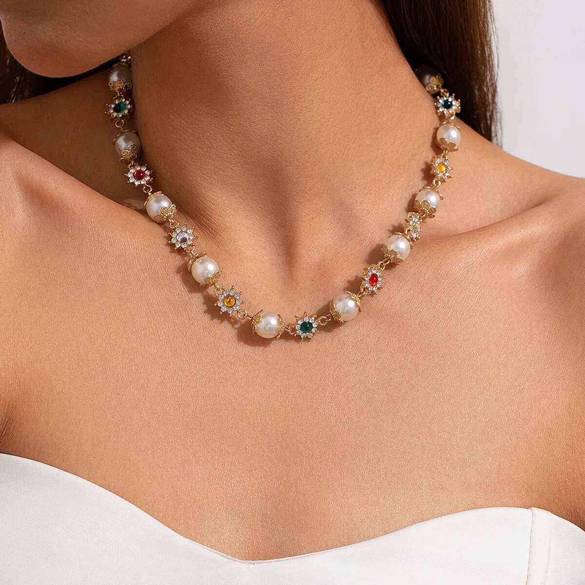 Salircon Rhie wers Beads Choker Necklace for Women Elegant Imitation Pearl Clavicle Chain Wedding Party Jewelry