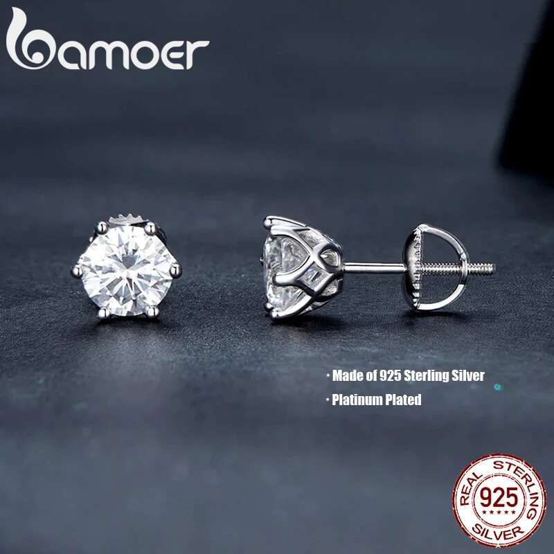 BAMOER Classic Moissanite Stud Earrings, S Sier D Color Brilliant Round Cut Lab Created Dia Wedding Engagement Earrings