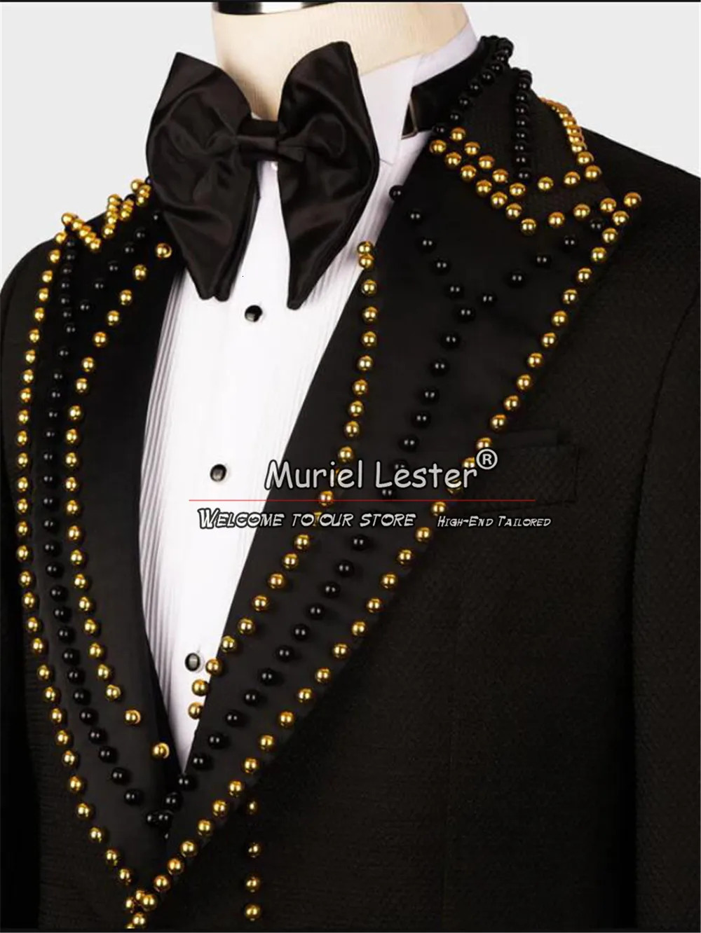 Formal Man Suit Jackets GoldBlack Pearls Handmade Prom Blazer Sets Banquet Dinner Party Wedding Groom Tuxedos Customized 250304