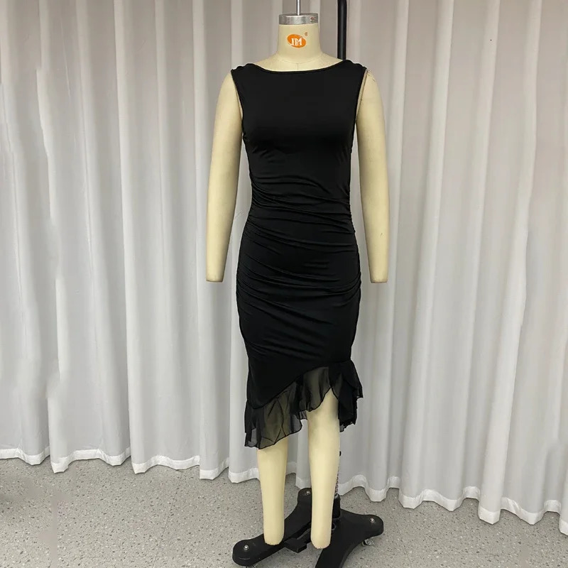 Wefad Maxi Dress Summer Elegant Solid Sleeveless Nipped Waist Slim Backless Ruffled Irregular Party Dresses Streetwear 250304