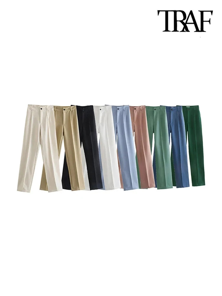 TRAF Women Chic Fashion Office Wear Straight Pants Vintage High Waist Zipper Fly Female Trouser 250304
