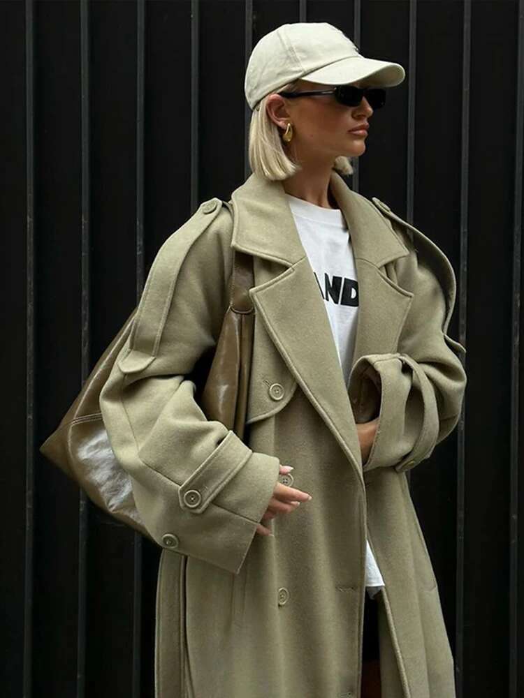 Casual Woolen Lapel Long Coats With Belt Women Elegant Chic Solid Double Breasted Jackets Female Autumn High Street Overcoats