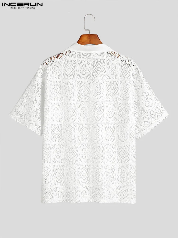 Fashion Casual Style Mens Tops INCERUN Hollow Lace Pane Flower Printed Blouse Male Knitted Short-sleeved Shirts S-5XL 250304