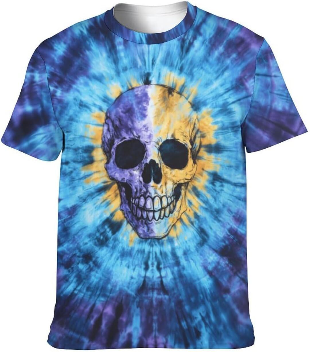 Mens T shirt Mens All Over Colorful Tie-Dye Fantasy Short Sleeve T-Shirt with Skull Graphic tee Casual tops summer clothes