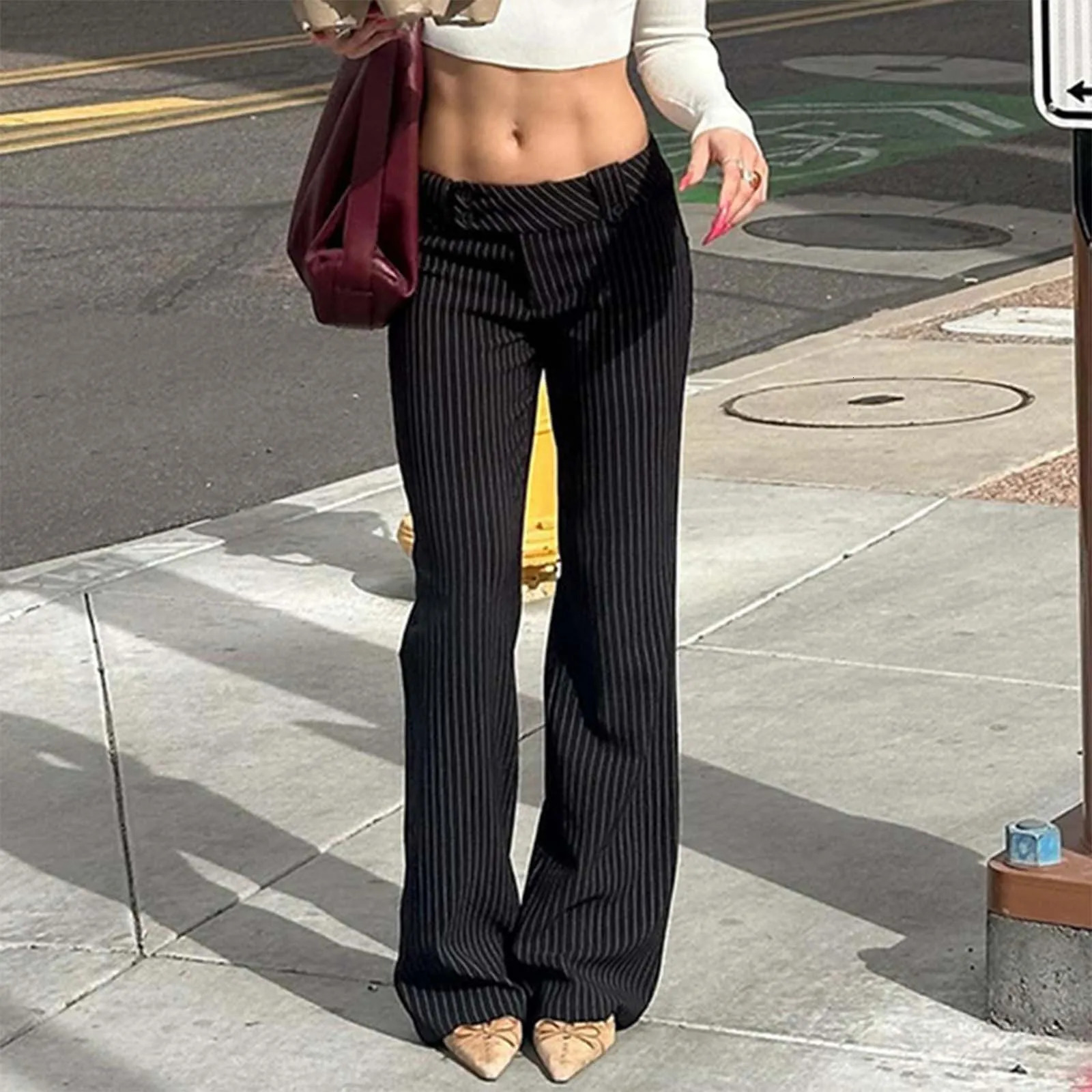 Trousers Striped Slim Fit Fashion Pants Low Rise Form Fitting Casual Trousers For Street Style womens wide leg trousers tall 250304