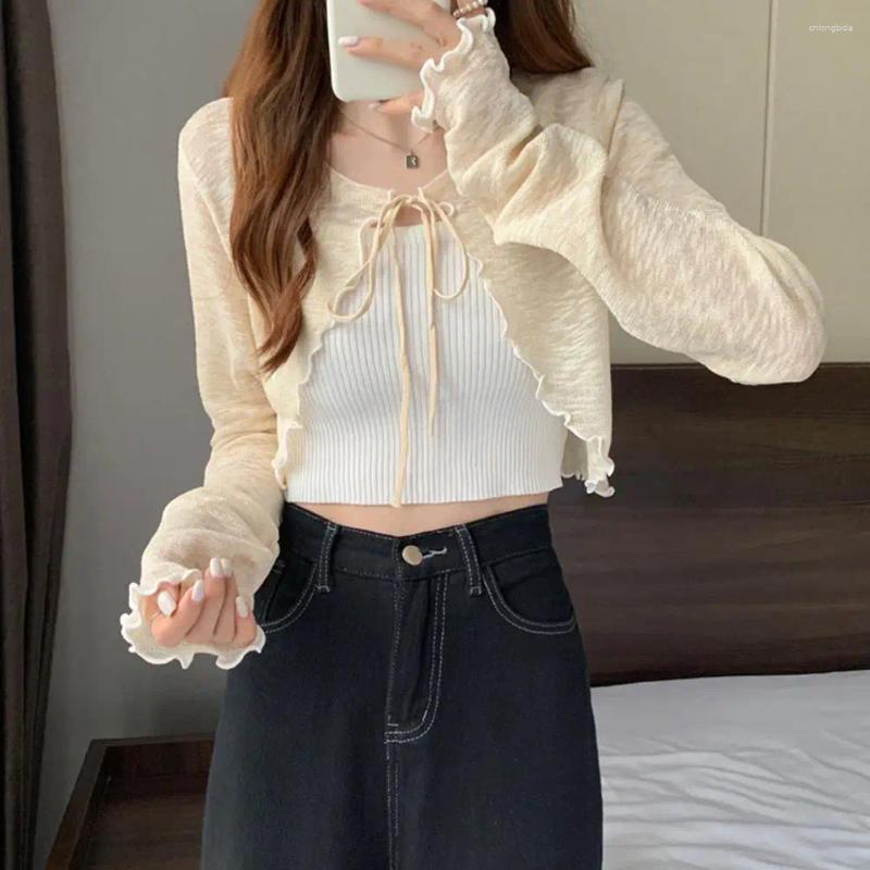 Womens Knits Summer Women Thin Sunscreen Cardigan Lace-up Knitwear Tops Female Korean Style Lantern Sleeve Short Coat Casual Sun Protected
