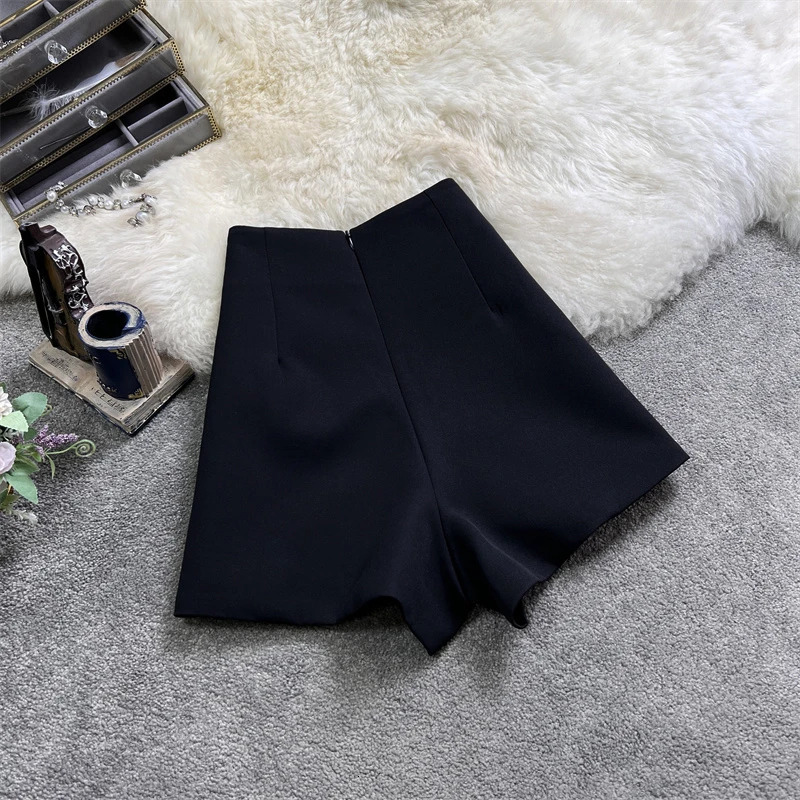 Heavy Diamond DoubleBreasted Suit Shorts Skirt Women Summer Korean Casual High Waist Slimming ALine Wide Leg 250304