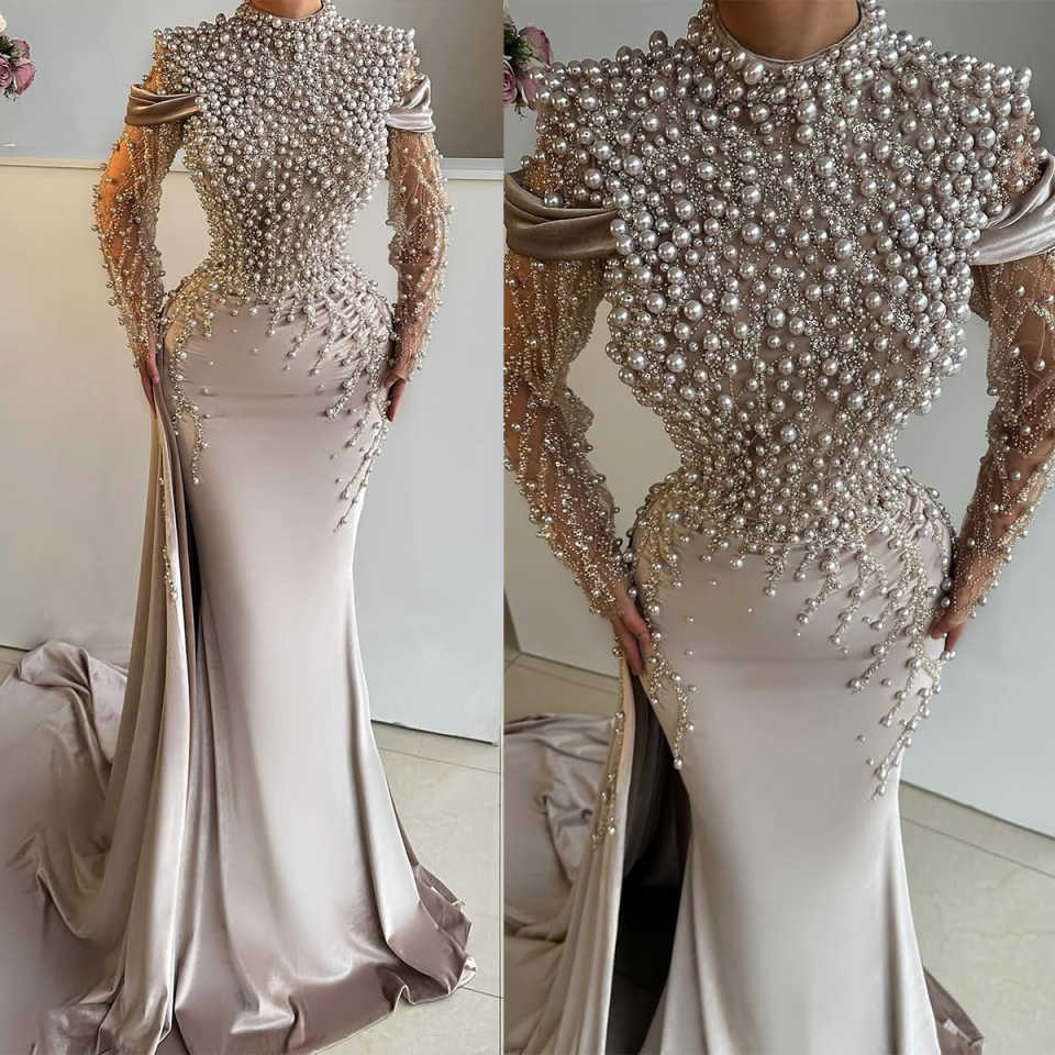 Unique Mermaid Evening Dress Pearls Beading O Neck Prom Gown Lace Long Sleeve High Splits Sweep Train Party Dresses Customized