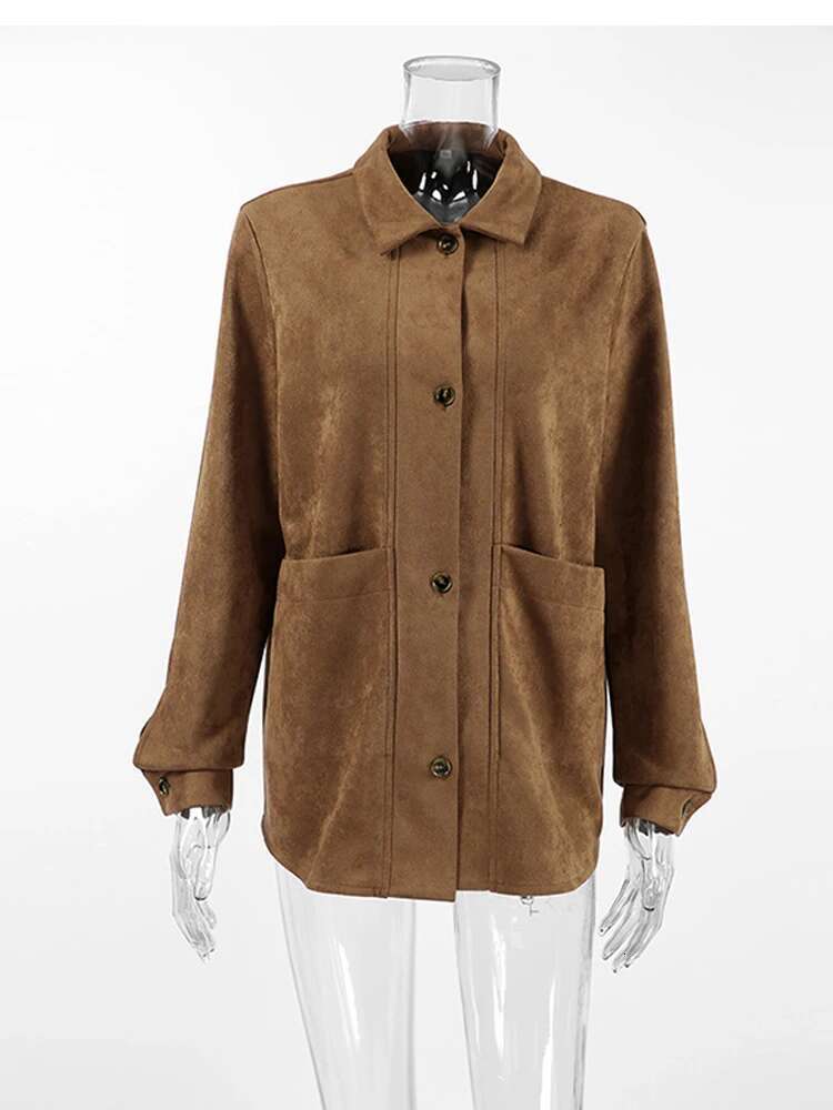 Casual Suede Long Sleeve Jackets Women Autumn Loose Brown Lapel Coat Top With Pockets Female Elegant Chic Street New In Outwear