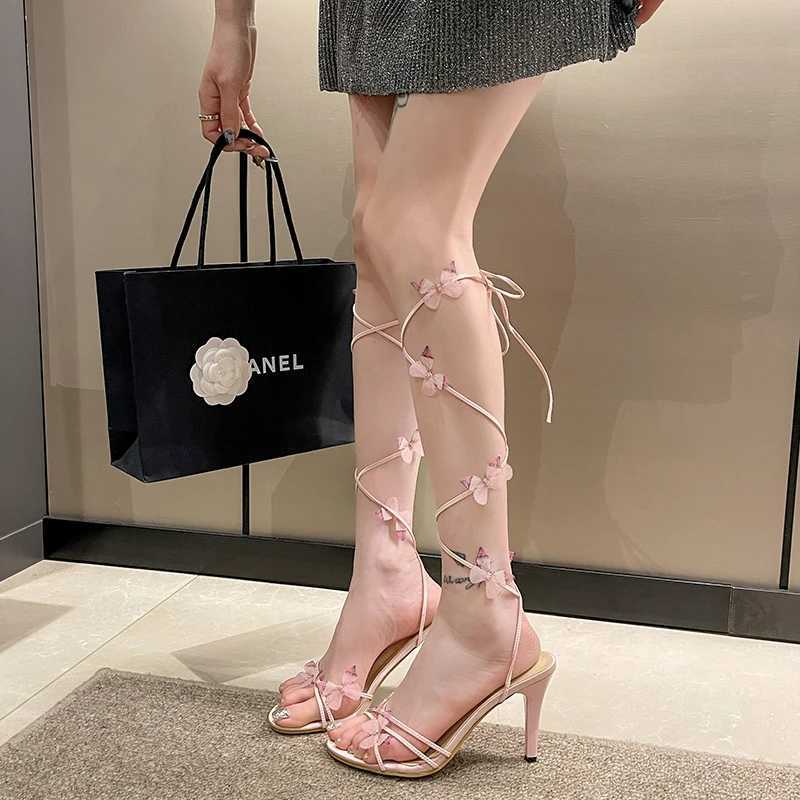 New Summer Fi Wens High H Thin H Bow Tie Leg Lace High H Outdoor Persality Sexy Womens Shoes Y250304