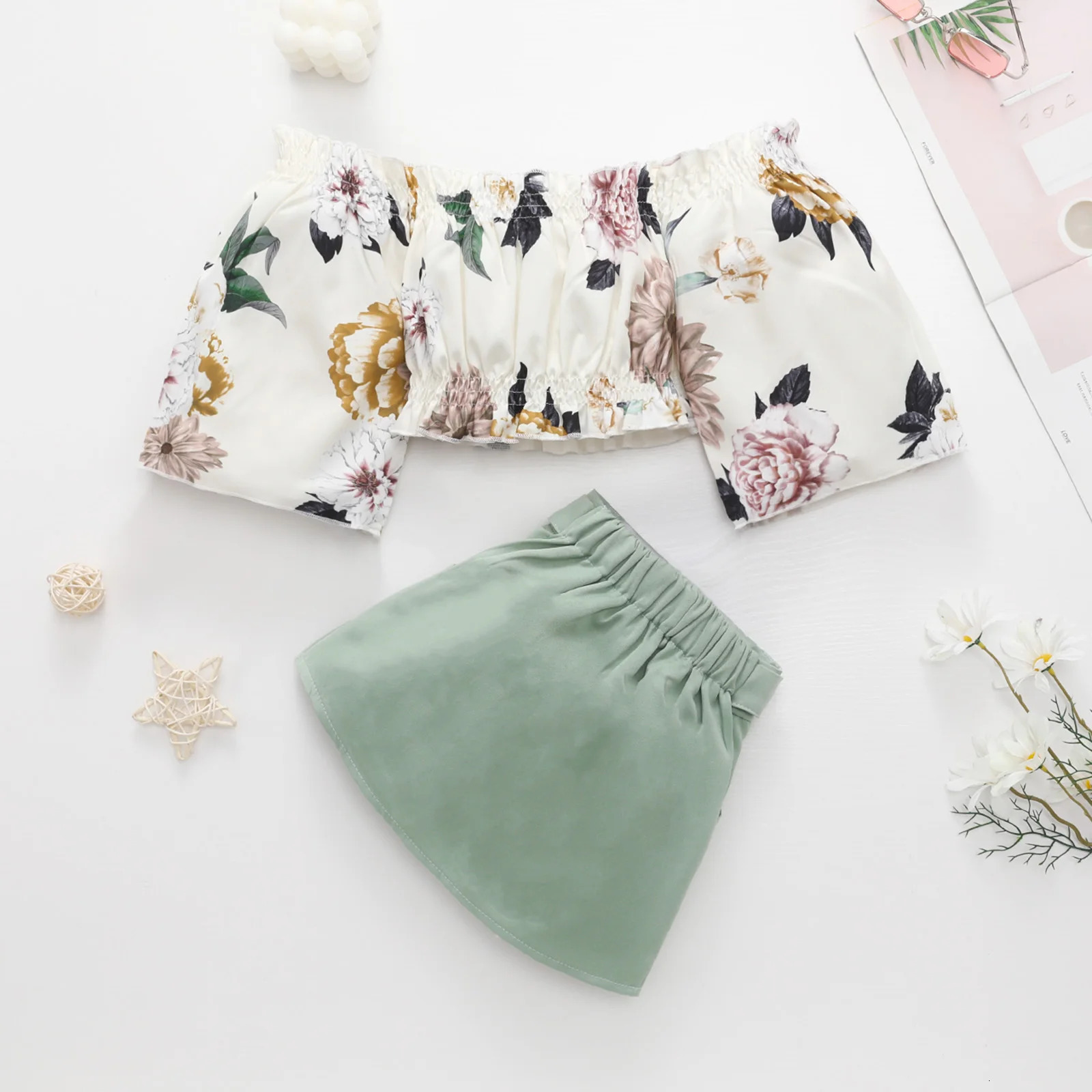 1-6Y Summer Toddler Baby Kid Girl Clothes Set Floral Off Shoulder Crop Top Skirts Outfits Children Girls Costumes 250304