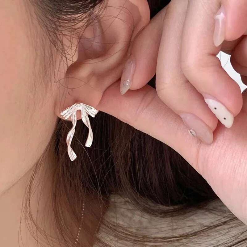 PANJBJ Sterg Sier Bow Knot Earring for Women Texture Tassels Sweet Romantic Korean Jewelry Gift Dropshipping