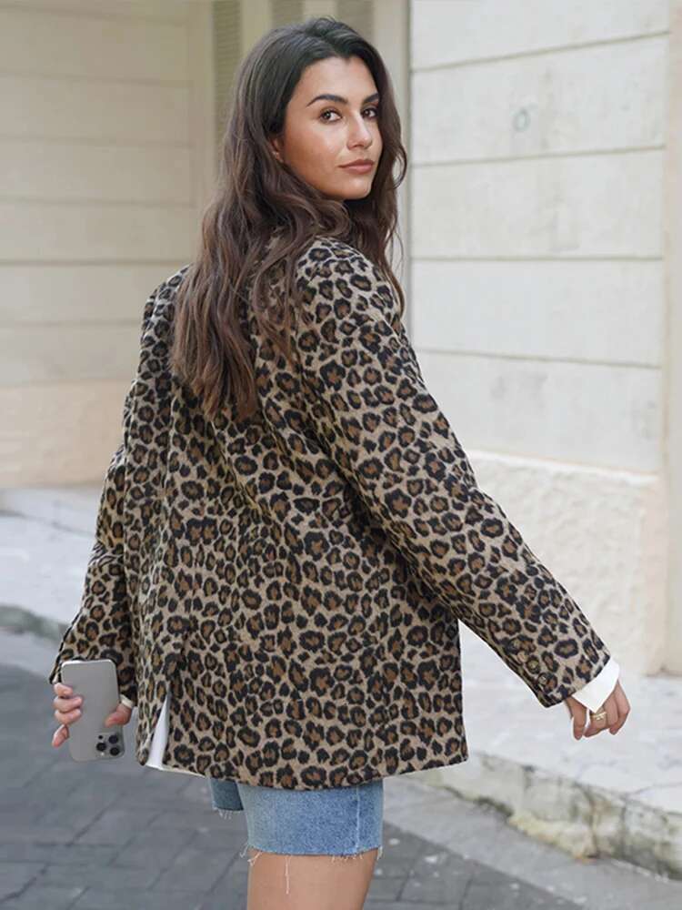 Fall Leopard Print Jacket Blazer Women Lapel One Button Long Sleeve Loose Coat Female Fashion All-Matching New In Outwears