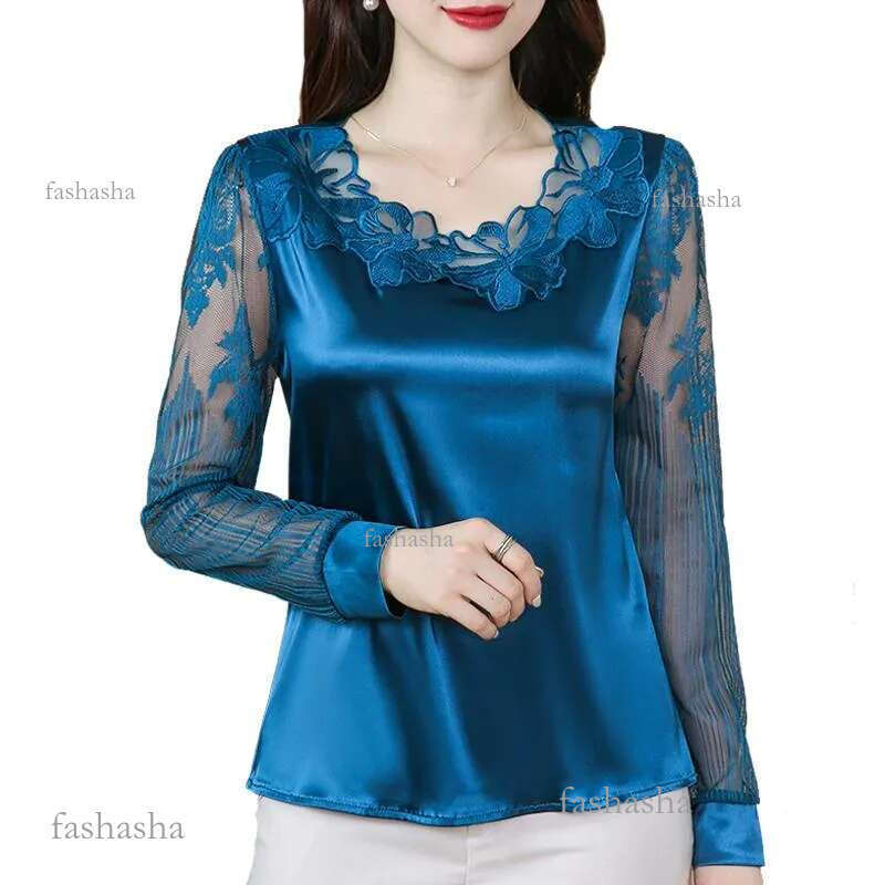 Womens Blouses Shirts M-4Xl Elegant Long Sleeve Lace Shirt Stitching Satin Blouse Fashion Women Flower Pullover Tops Casual Clothin