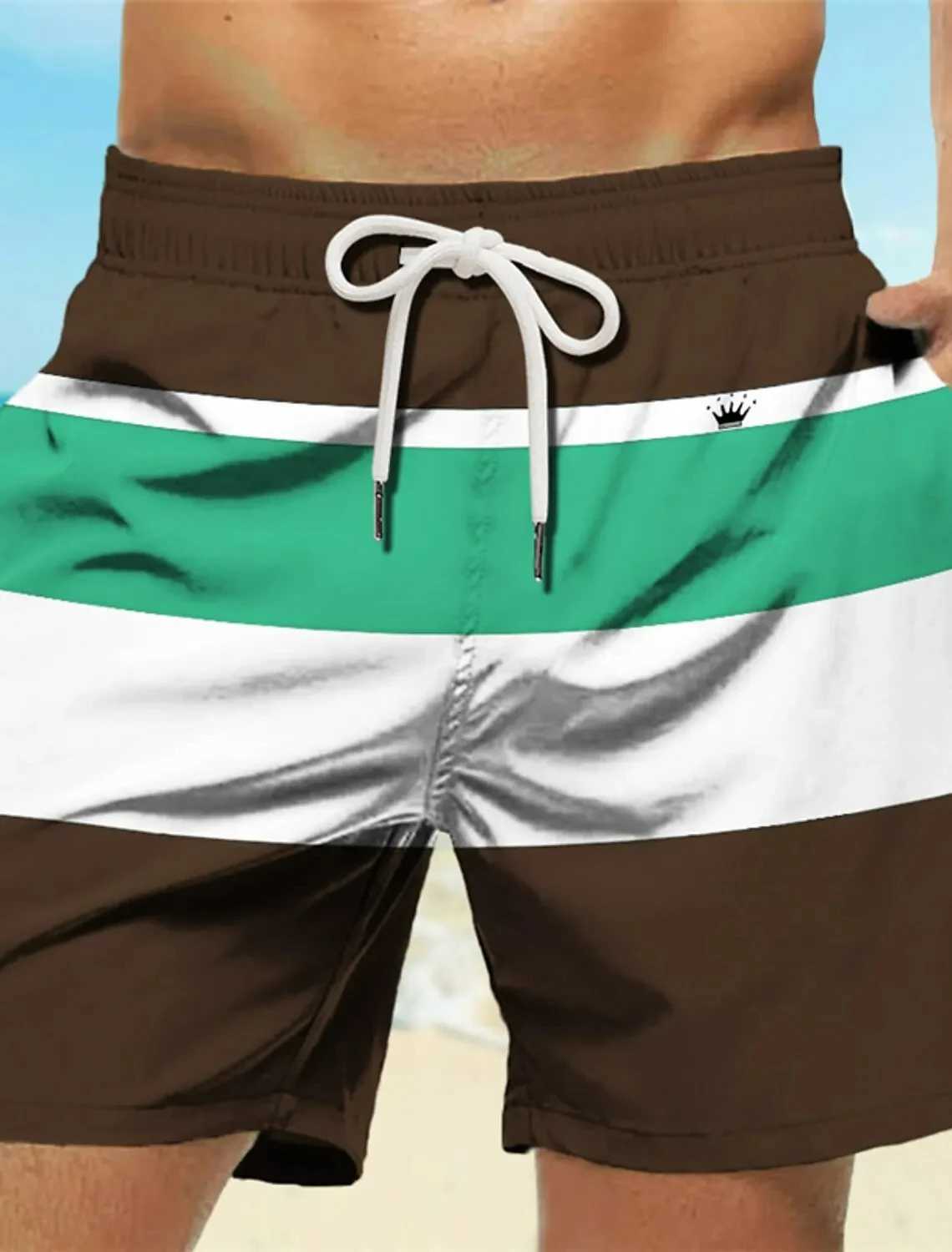 Mens Striped 3D Printed Swim Shorts Crown Design Elastic Waistband Hawaiian Style Beach and Vacation Summer 2024XJ250304