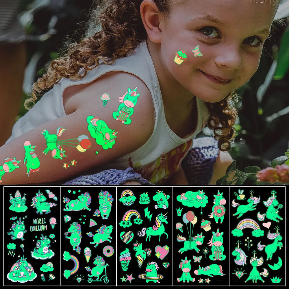 5pcs Green Luminous Glow Kids Cute Unicorn Waterproof Temporary Tattoo Stickers Dream Face Party Decoration Flash Body Art 250219