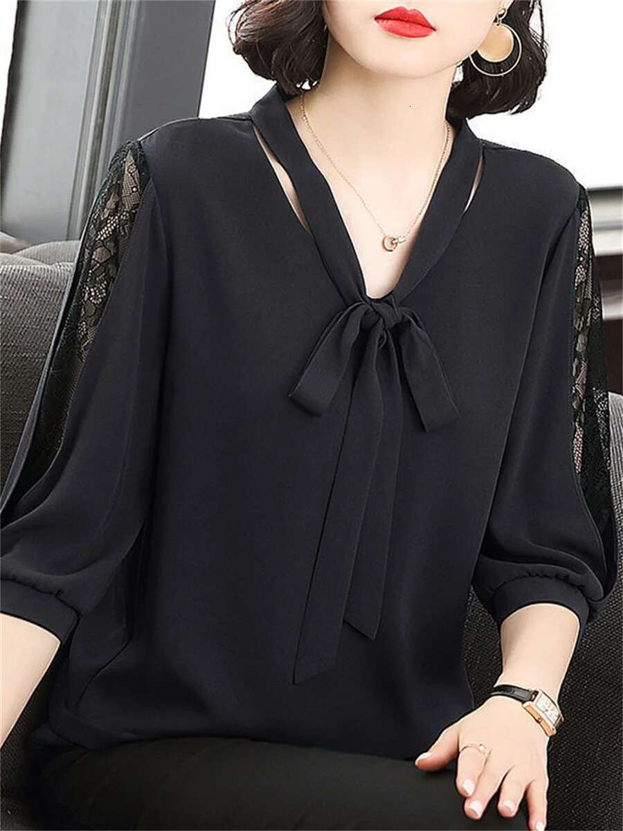 Women Spring Summer Style Blouses Lady Casual Bow Tie Colloar Half Lace Sleeve Loose Blusas Tops Df4275