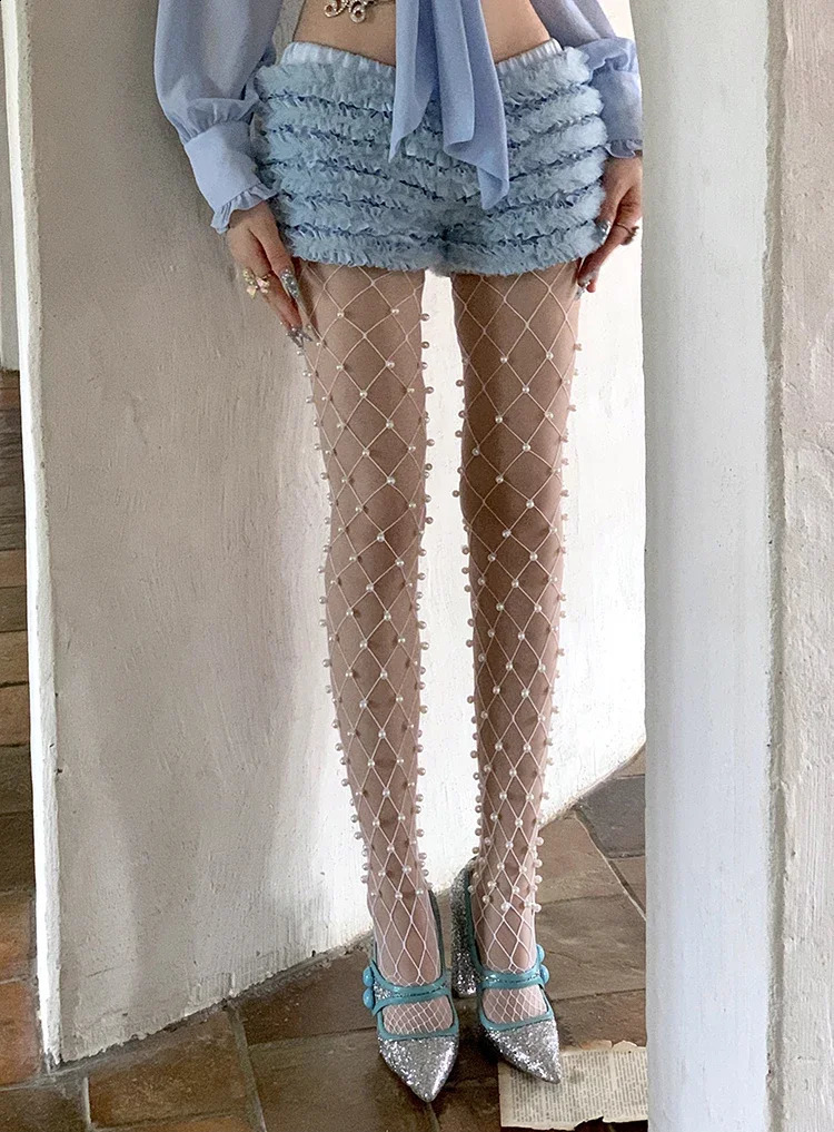 Stocking silk mesh three sided pearl decoration hollow solid color thin sexy fashionable casual long socks four seasons global 250304