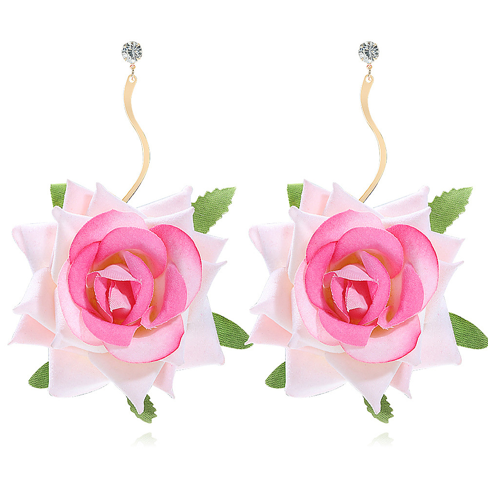 Exaggerated Three-Dimensional Rose Fabric Flower Earrings for Spring & Summer