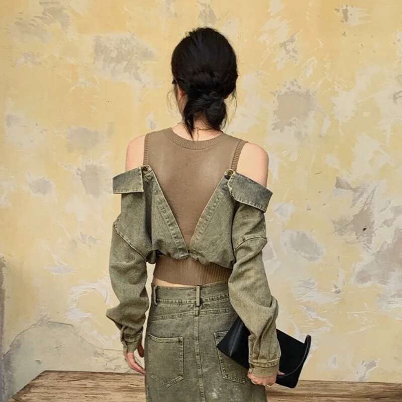 hoodie European Fake Two-Piece Spliced Off Shoulder Denim Shirt Women's Autumn New Vintage Punk Waste Land Fashion Sweet Top jacket