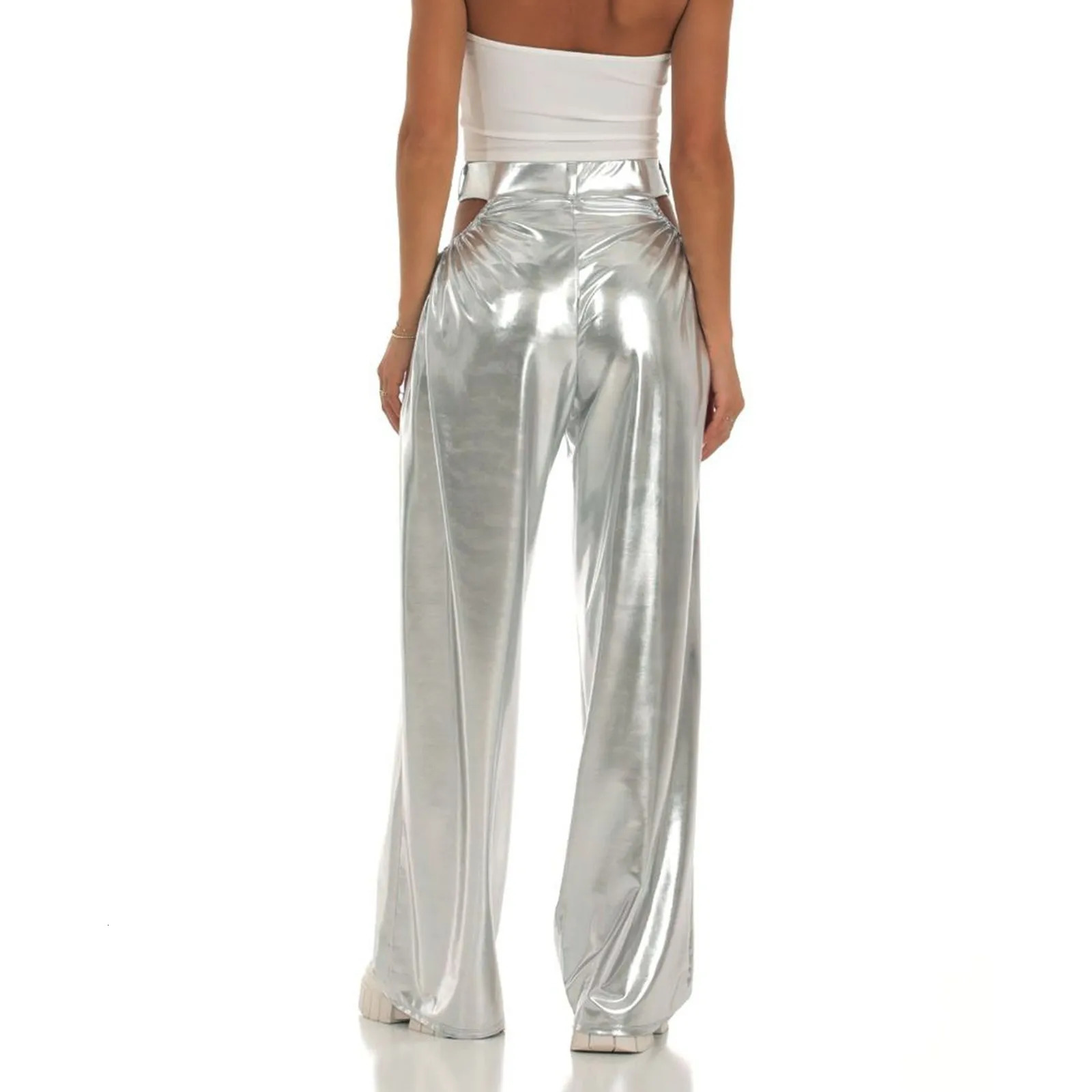 Womens Silver Straight Pants Hollow Out Pockets High Waist Dancewear Pleated Flowy Casual Drawstring Sporty Yoga Clothes 250304