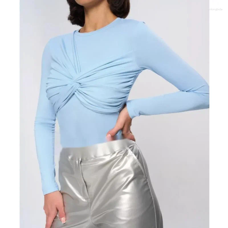 Women's Polos Tops Tees Jumpsuit Round Neck Long Sleeved Tight Fitting Eur America Sexy Pleated High Street Mid Waist Top
