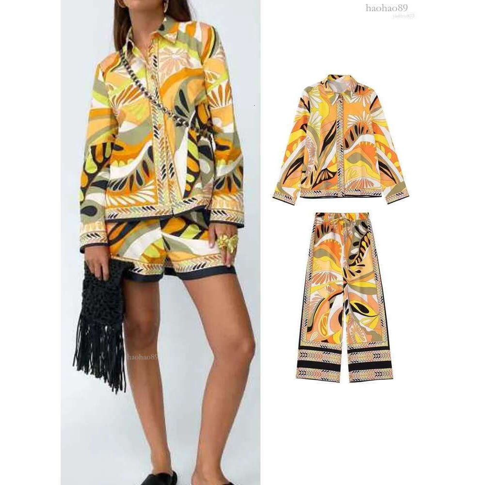 Women's Two Piece Pants 4 Colors 2 PCS Pant Sets Summer Women Fashion Print Blouses Vintage Turn Down Collar Shirts Long Sleeve Top