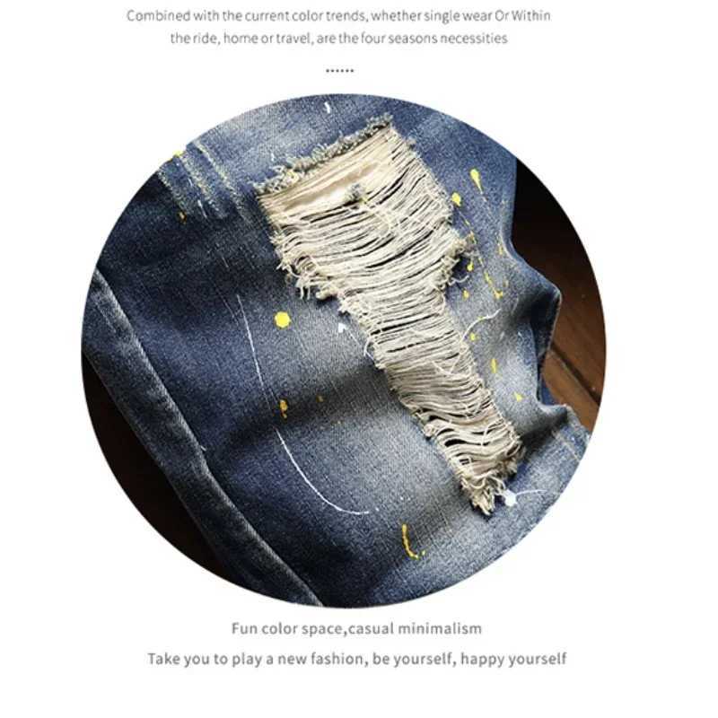 Summer Five Points Pants Denim Shorts Mens Fashion Scratch ripped Beggar Jeans Short Personality PaintT250305