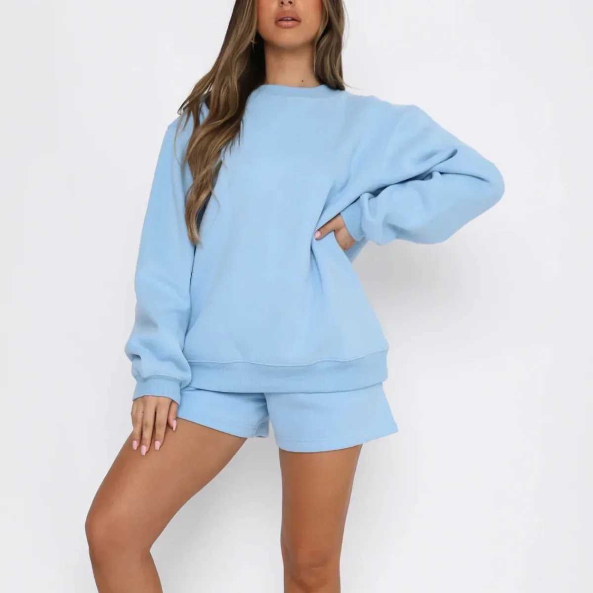 Womens Short Sets Round Neck Long Sleeve Solid Color Elastic Waist Pencil Pants Pullover Loose Fit Casual Pockets Autumn X250305