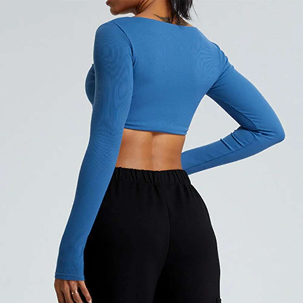 Crop Sexy Ribbed Long Sleeves Shirts For Women Yoga Sports Fiess Running Clothes Push Up Workout Top Kl-My